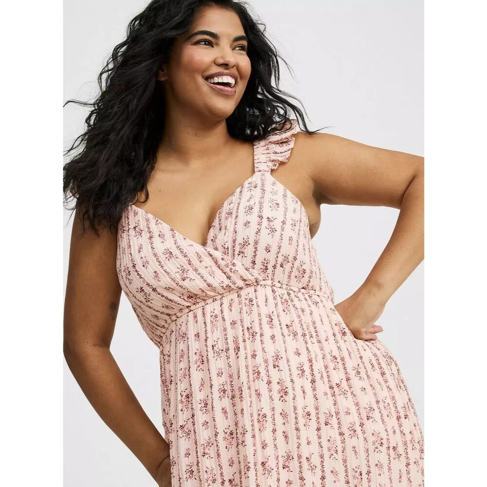 Torrid Maxi Ruffle-Sleeve Surplice Dress Floral Stripe Maxi Size 3 3x Coquette - Picture 2 of 4
